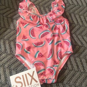 Pink Ruffled Baby Swimsuit watermelon print.